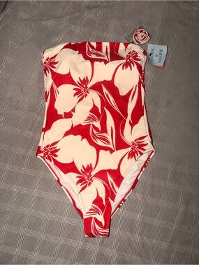 Shade & Shore Womens Red & Cream Floral One-Piece Swimsuit